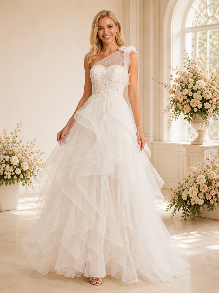 ChicSew Elegant Unique One Shoulder Lace Tulle Ruffled Maxi A-Line Wedding Dress