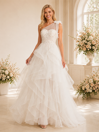 ChicSew Elegant Unique One Shoulder Lace Tulle Ruffled Maxi A-Line Wedding Dress