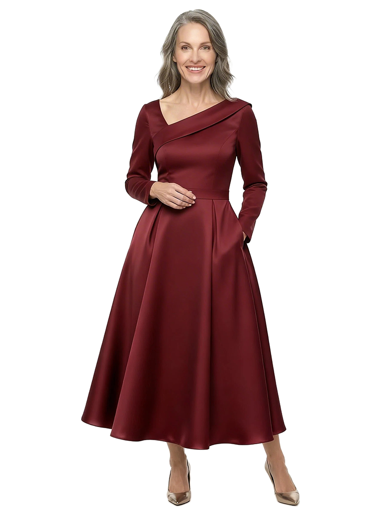 ChicSew Elegant Silky Satin A-Line Mother Of The Bride Dresses With Pockets Long Sleeves Ankle-Length Gown