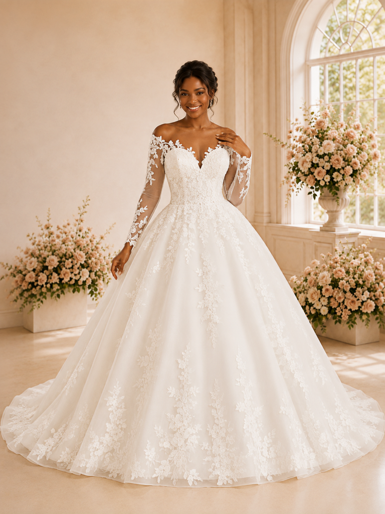 ChicSew Elegant A-Line V-Neck Long Sleeves Lace Appliques Tulle Maxi Wedding Dress