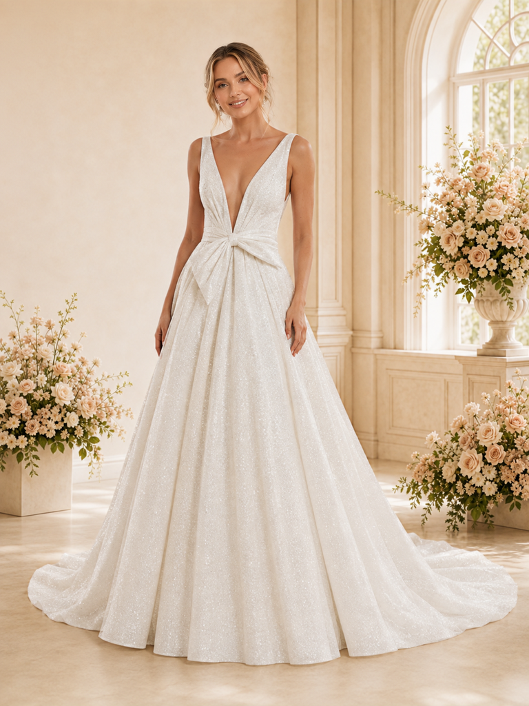 ChicSew Unique Glitter Tulle V-Neck A-Line Open Back Maxi Long Wedding Dress
