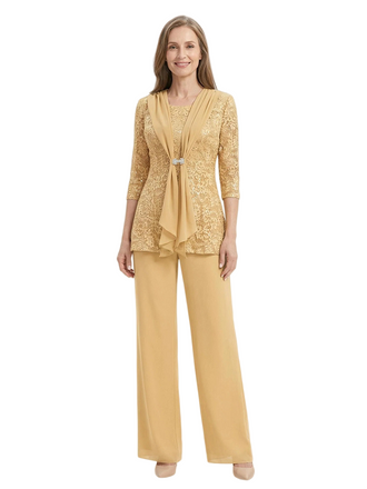 ChicSew Round Neck Sequin Lace Chiffon Mother of The Bride Two Piece Jumpsuit