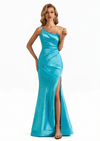 Elegant Asymmetrical One Shoulder Mermaid Soft Satin Long Formal Dresses For Women Side Slit
