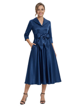 Chicsew Stylish Lapel 3/4 Sleeve Satin Mother of The Groom Dress Midi A-Line Bow Fancy Gown