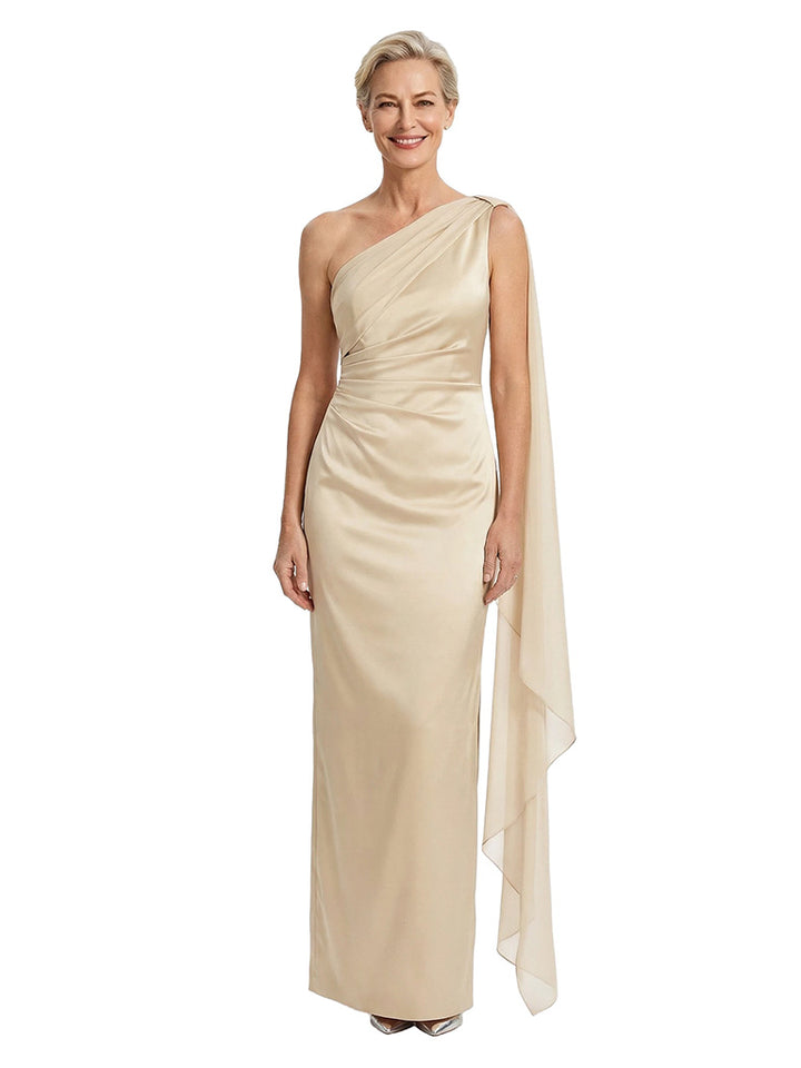 Elegant One Shoulder Ruched Satin Maxi Mother of The Groom Dress