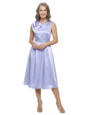 ChicSew Asymmetric Cowl Neck Sleeveless Soft Satin Tea-Length A-Line Mother Of The Bride Dress With Belt