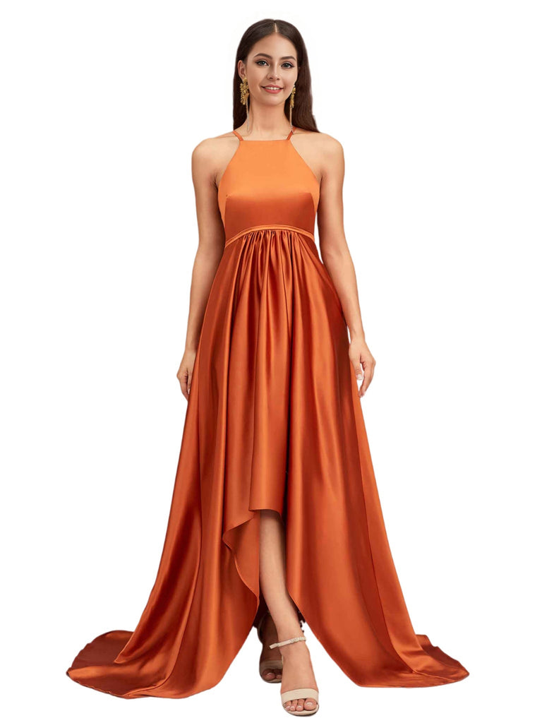 Sexy Halter High Low A-Line Soft Satin Pretty Long Bridesmaid Dresses