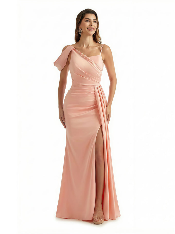 Sexy Asymmetric Straps Mermaid Ruched Side Slit Silky Satin Maxi Formal Evening Dresses With Waist Drape