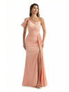 Sexy Asymmetric Straps Mermaid Ruched Side Slit Silky Satin Maxi Formal Evening Dresses With Waist Drape
