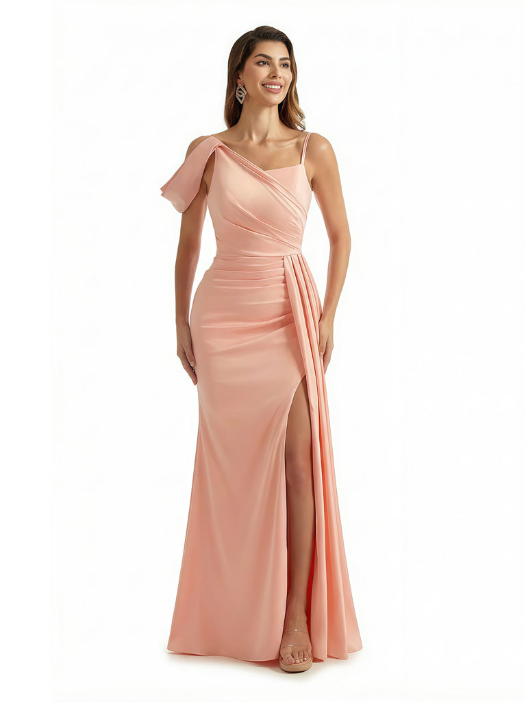 Sexy Asymmetric Straps Mermaid Ruched Side Slit Silky Satin Maxi Formal Evening Dresses With Waist Drape