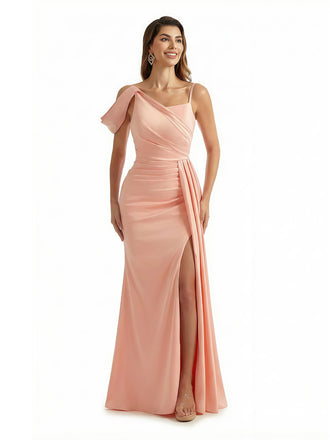 Sexy Asymmetric Straps Mermaid Ruched Side Slit Silky Satin Maxi Formal Evening Dresses With Waist Drape