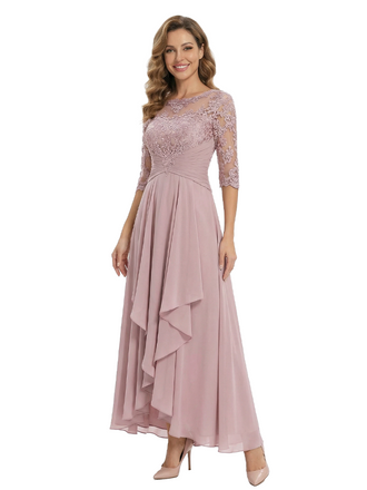 Modern Ruffle Chiffon Lace Illusion A-Line Mother Of The Bride Dress With Sleeves