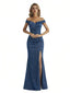 Shiny Mermaid Glitter Jersey Off The Shoulder Side Slit Maxi Formal Dresses For Women