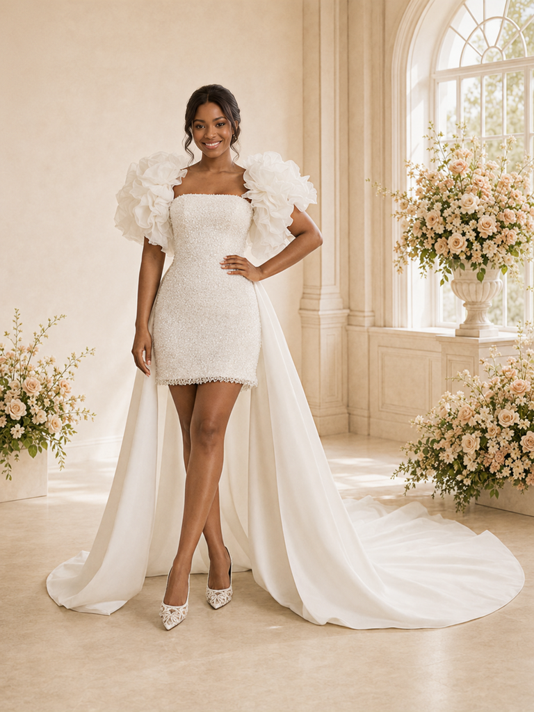 ChicSew Unique Strapless 3D Puff Sleeves Squain Beaded Tulle Sheath Mini-Length Wedding Dress