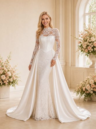ChicSew Classic High Neck Satin Mermaid Long Sleeves Lace Applique Maxi Wedding Dresses With Overskirt