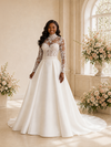 ChicSew Elegant High Neck Long Sleeves Lace Satin Maxi Wedding Dress With Boning