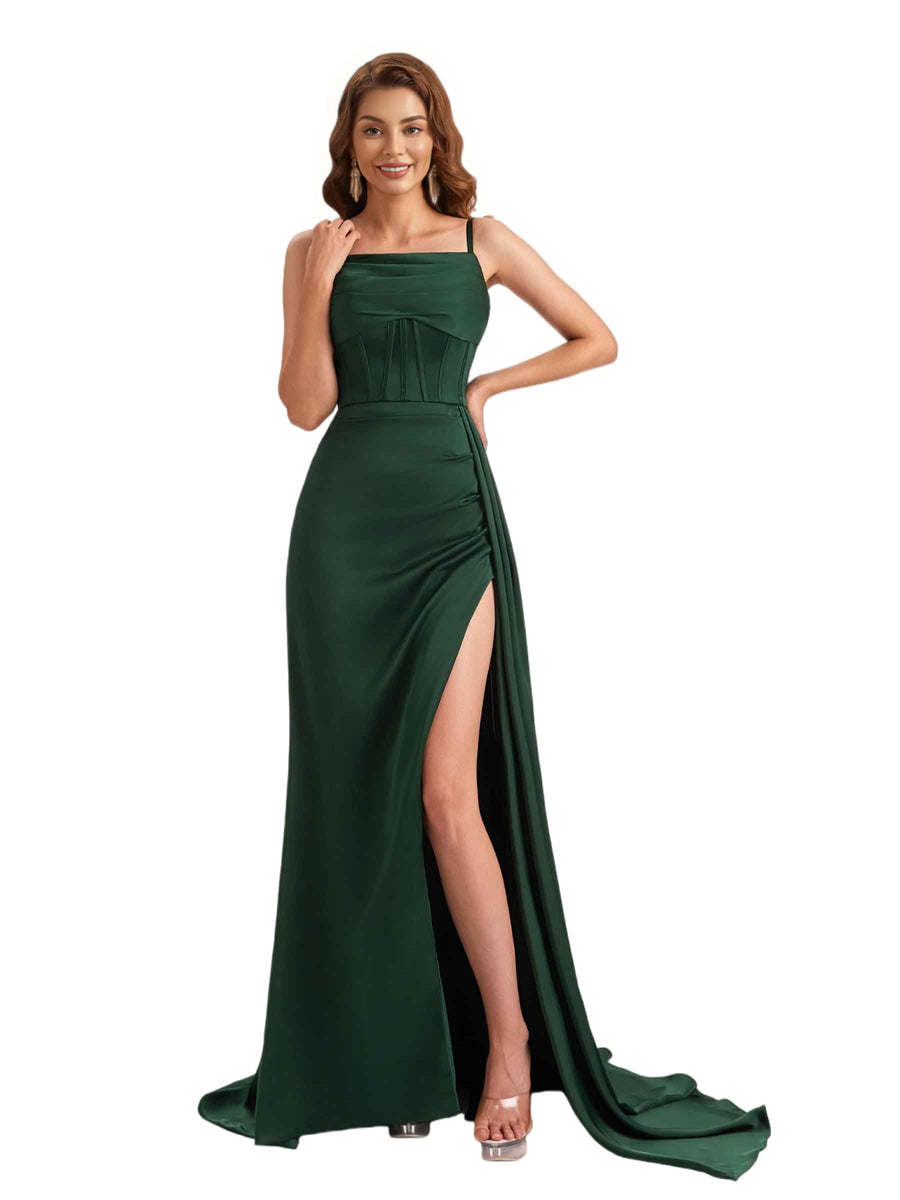 Sexy Pleated Satin Spaghetti Straps Mermaid Side Slit Long Bridesmaid Dresses Online