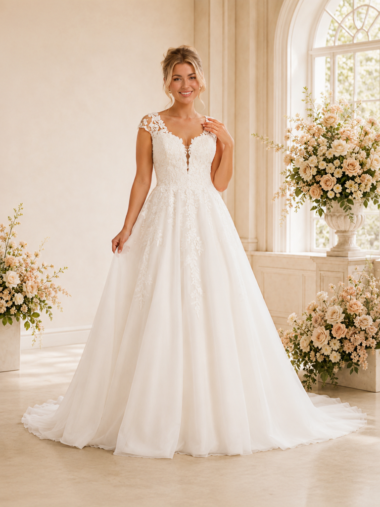 ChicSew Elegant Fancy Cap Sleeves Lace Applique Chiffon A-Line Maxi Wedding Dress