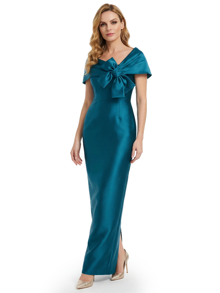 Chicsew Modern Cape Sleeves Bow Knot Satin Sheath Slit Mother Of The Bride Dress