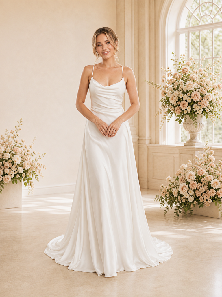 ChicSew Fancy Spaghetti Straps A-line Satin Floor-Length Wedding Dress