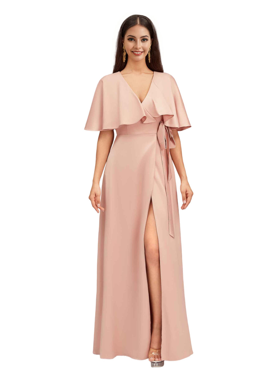 Elegant Bat Sleeves V-neck A-Line Side Slit Long Soft Satin Bridesmaid Dresses