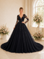 ChicSew Modern Deep V-Neck A-Line Long Sleeves Lace Tulle Floor-Length Wedding Dresses With Floral Applique