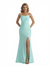 Sexy Spaghetti Straps Mermaid Jersey Long Formal Dresses For Ladies Side Slit