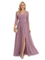Elegant V-Neck 3/4 Sleeves A-Line Side Slit Chiffon Mother Of The Bride Dress
