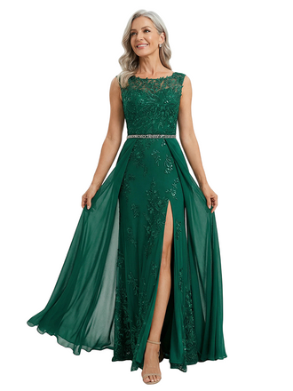 ChicSew Round Neck Sleeveless Lace Beaded Chiffon Overlay Floor Length Modern Mom Of The Groom Dresses