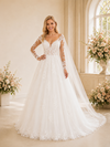 ChicSew Elegant Pleated A-Line Lace Applique Tulle V-Neck Long Sleeves Maxi Long Wedding Dress