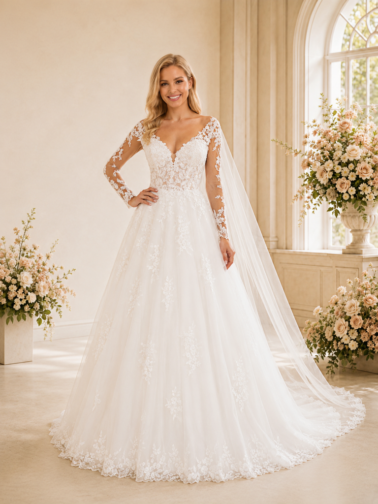 ChicSew Elegant Pleated A-Line Lace Applique Tulle V-Neck Long Sleeves Maxi Long Wedding Dress