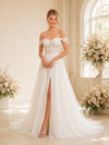 ChicSew Elegant A-Line Side Slit Lace Tulle Off The Shoulder Boning Floor-Length Wedding Dresses With Train