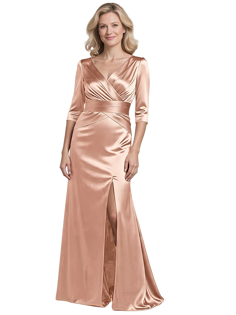 Elegant Satin V-neck Half Sleeves Side Slit Mermaid Long Mother Of The Bride Dresses
