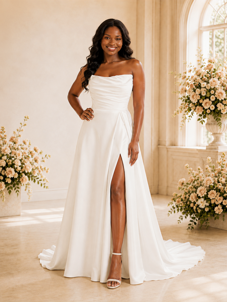 ChicSew Fancy Simple Strapless Ruching Side Slit A-Line Satin Maxi Wedding Dress