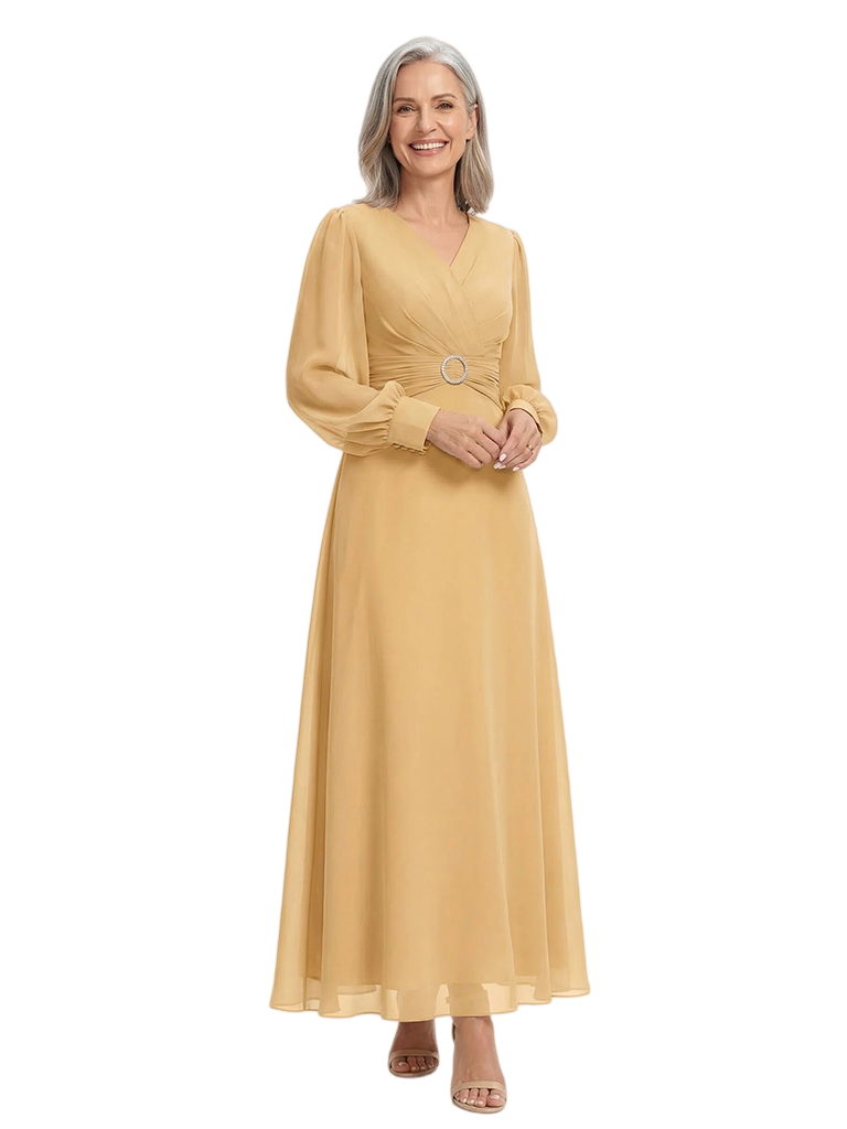 ChicSew Modern V-Neck A-Line Long Sleeves Ankle-Length Chiffon Mother Of The Bride Gowns