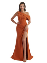 Sexy Side Slit Asymmetrical Neck Mermaid Crepe Long Bridesmaid Dress For Wedding