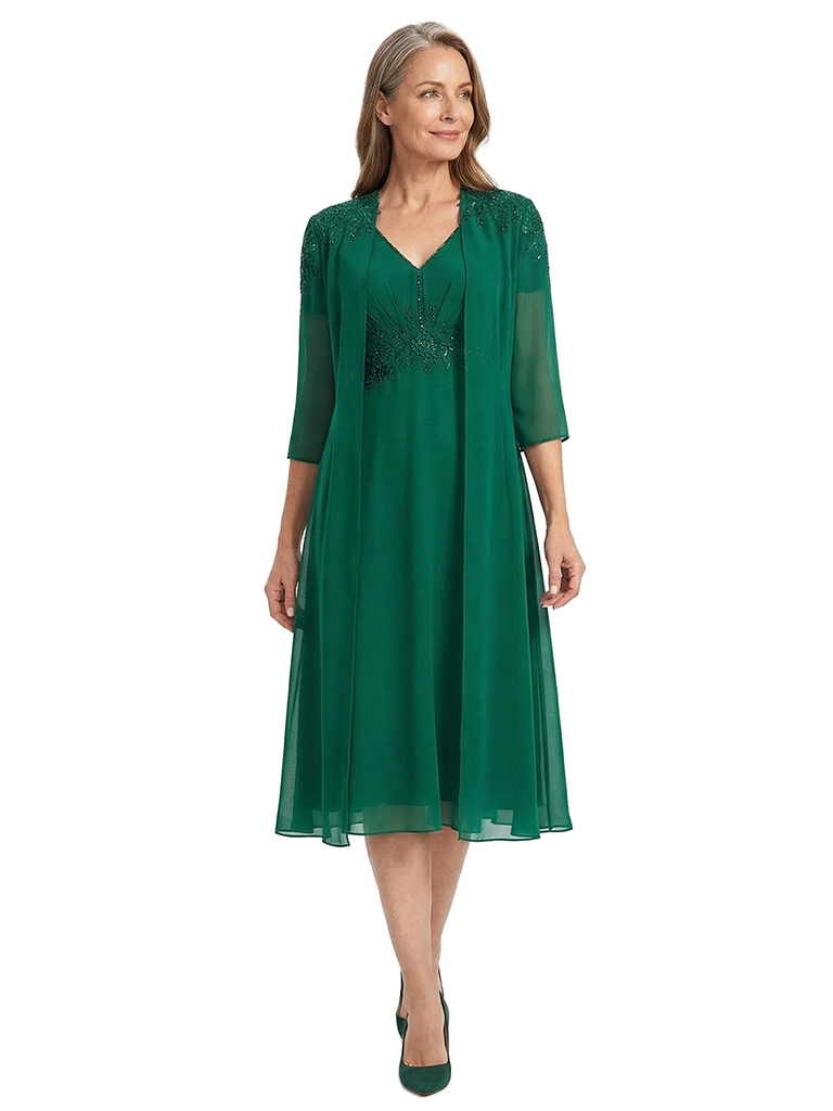 ChicSew Classy A-Line Mother Of The Groom Dresses With Jacket V-Neck Chiffon Tea-Length Applique Gown