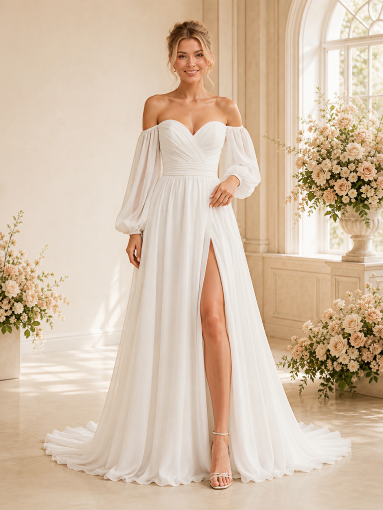 ChicSew Classy Sweetheart 3/4 Sleeves Chiffon A-Line Maxi Long Wedding Dress With Side Slit