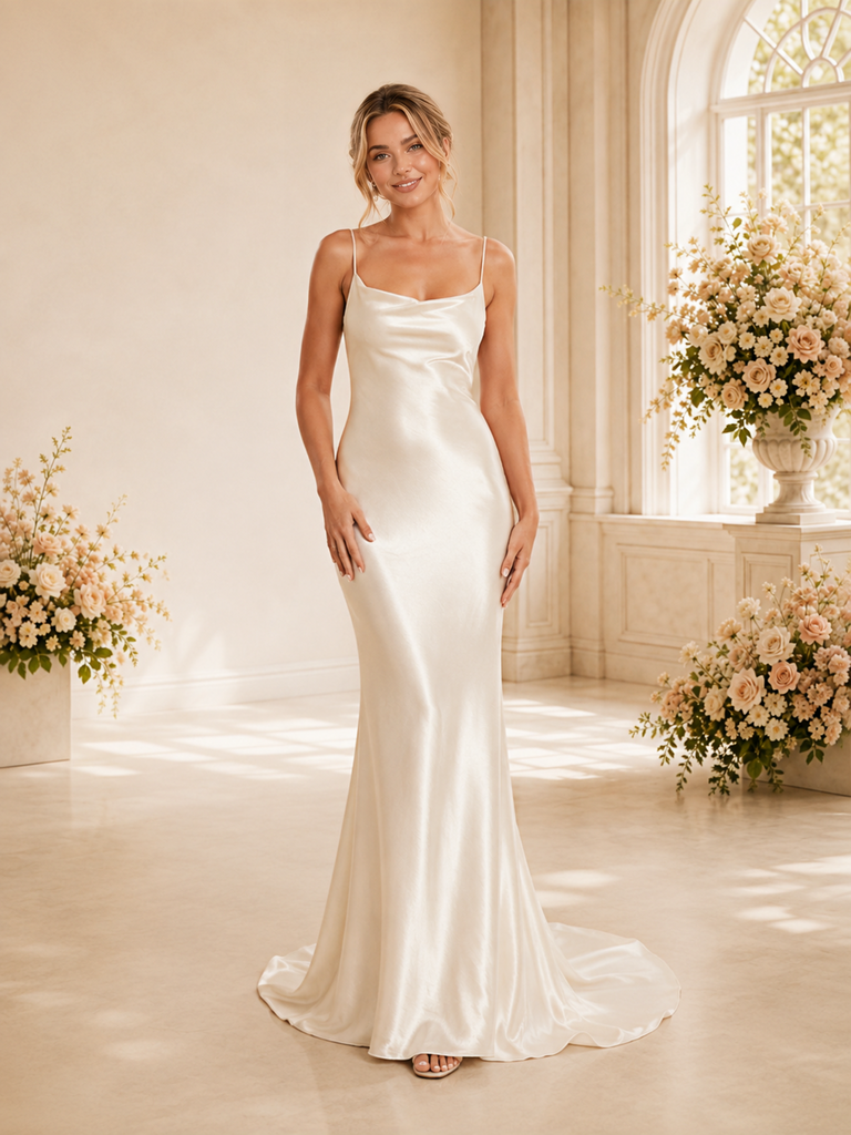 ChicSew Sexy Spaghetti Straps Mermaid Satin Floor-Length Wedding Dress