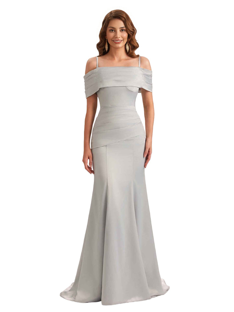 Sexy Soft Satin Cold Shoulder Mermaid Unique Long Bridesmaid Dresses