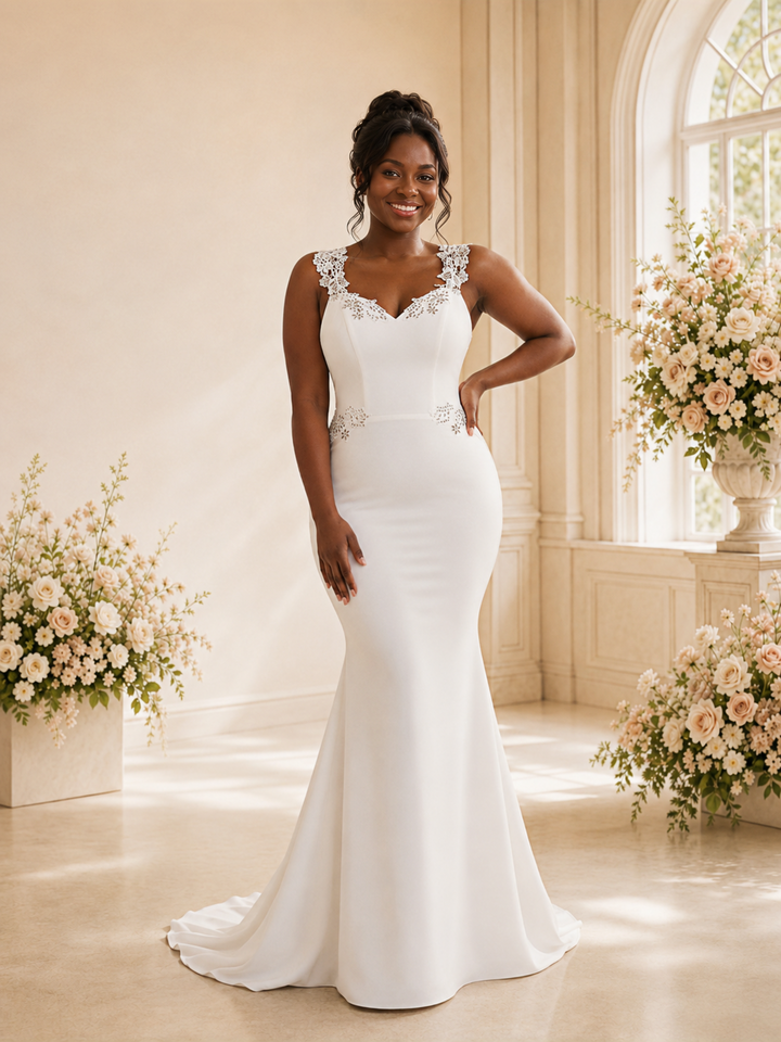 ChicSew Fancy V-Neck Crepe Mermaid Floor-Length Wedding Dress With Applique