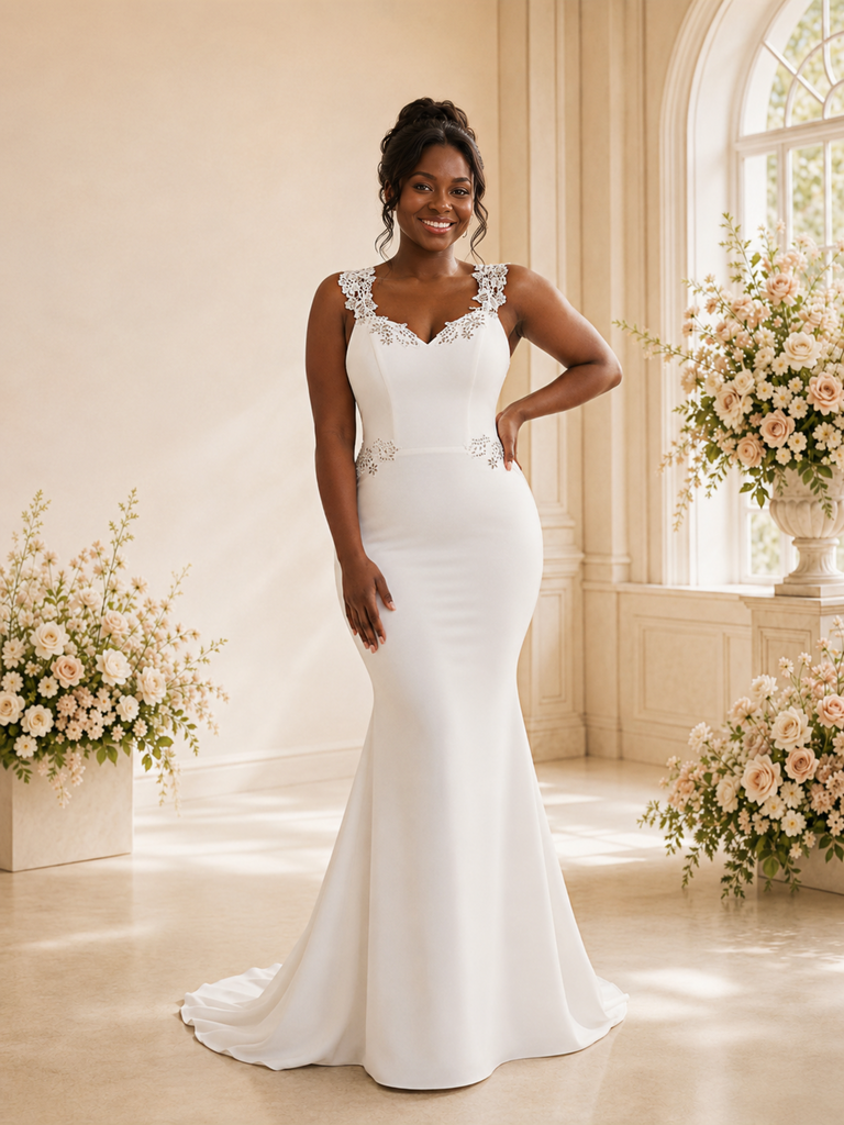ChicSew Fancy V-Neck Crepe Mermaid Floor-Length Wedding Dress With Applique
