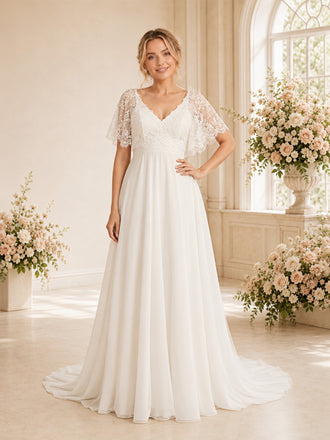 ChicSew Elegant A-Line Lace Chiffon Short Sleeves V-Neck Wedding dresses Online