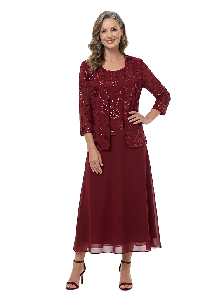 ChicSew Fancy Chiffon Sequin Mother Of The Groom Dress With Matching Jacket Scoop Neck Tea Length