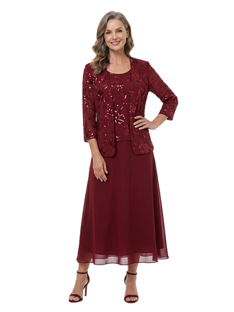 ChicSew Fancy Chiffon Sequin Mother Of The Groom Dress With Matching Jacket Scoop Neck Tea Length