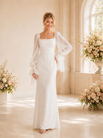Modern Classy Sheath Floor-Length Square Neck Lace Long Puff Sleeve Crepe Wedding Dresses