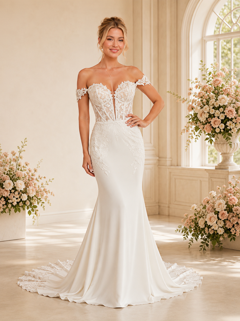 ChicSew Fancy Off The Shoulder Crepe Boning Mermaid Maxi Wedding Dress With Lace Applique