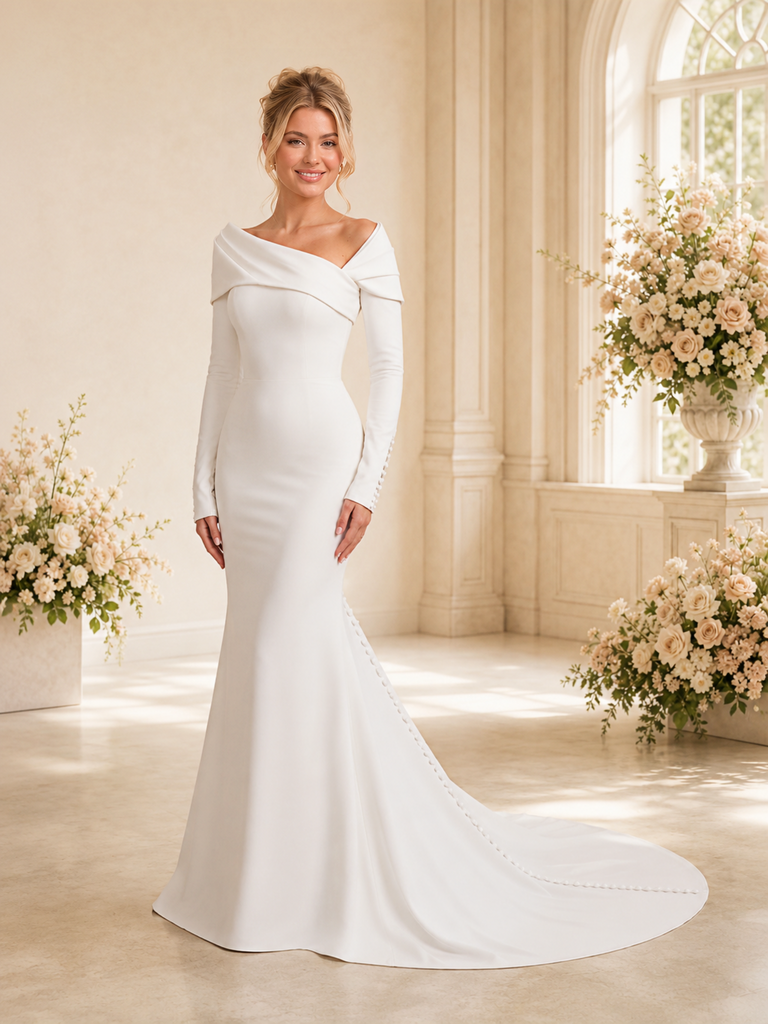 ChicSew Fancy Asymmetrical V-Neck Crepe Long Sleeves Mermaid Maxi Long Wedding Dress
