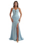 Elegant Mermaid Boning Side Slit Crepe Long Bridesmaid Dress For Wedding Spaghetti Straps
