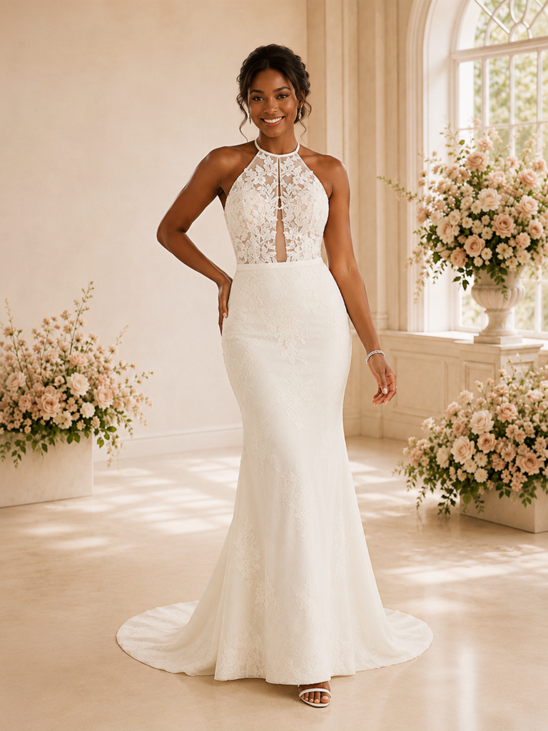 ChicSew Romantic Halter Neck Lace Mermaid Floor-Length Wedding Dress